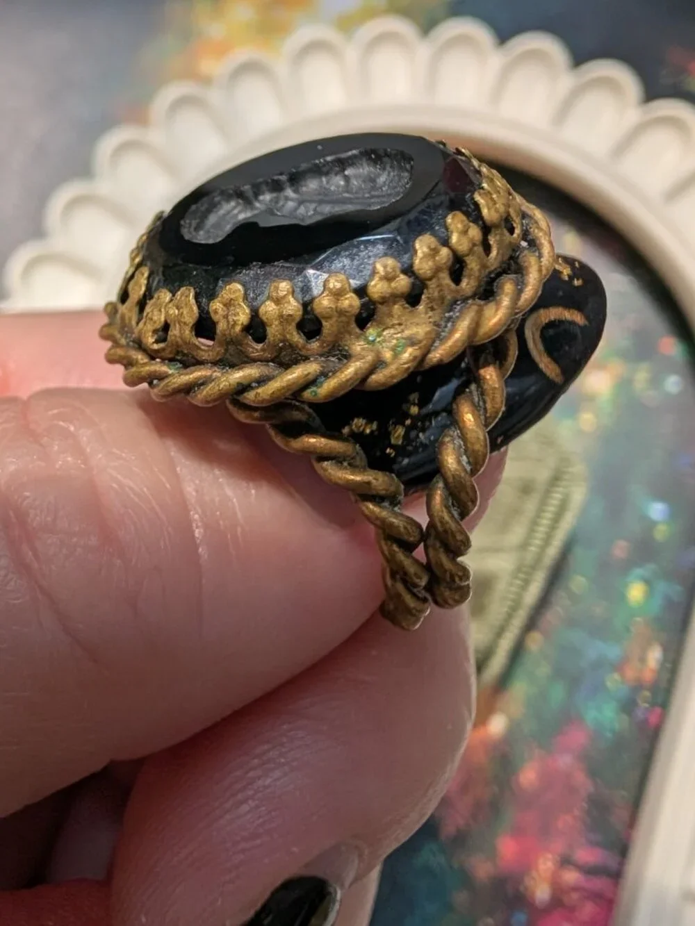 Vintage Jet Black Glass Intaglio Braided Brass Victorian Ring, Size 5.5